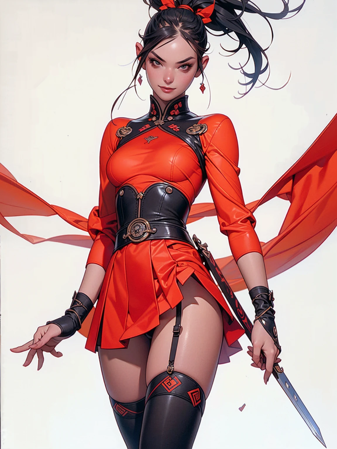 Create a cool character for a gacha game based on the game Zenless Zone Zero, female character in devil clothes in warm colors, S-level fire elemental character, devil horns and tail, beautiful and cute face, corpo de nymph, lolly, haughty, devilish smile, wielding a serrated sword, pose de atitude, A beautiful , 14歳, super skinny, short mini skirt, wide belt, garter belt with black tights, thigh holster, breasts small, perfect little ass, narrow hip, Waist slender, pose sexly, ((ponytailhair style))), posing for manga cover photo, dynamic pose, malicious smile, seductiv, malicious, obscene, shamelessly, young, Stupid, nymph, manga style, random ethnicity, (((MMA fighter))), ((( red dress ))), (((bandaged arms))), ((high collar)), (((darkskin)), (((micro skirt with vertical seams))), (((best qualityer: 1.4))), (Unbeatable masterpiece), (hiper HD),(CG 8k hyper-realistic), (((hyper feminine))), sexly girl, king of fighter, ((( sculptural body ))), (((1 girl))), garota de 14歳 com perfectbody e magro,Beautiful and well-groomed face, (Head to thigh photos), Complex equipment, (((standing alone))), pirralha violent, (((14歳))), sexly, pose de atitude, work of art, (((manga style))), bounty hunter, violent, Manic, evil face with malicious smile, slenderbody, thin but strong, perfectbody, roupa moderna, advanced technology, neon, sleeves with vertical striped pattern, neutral background, (( cowboy shot )). intricate visual