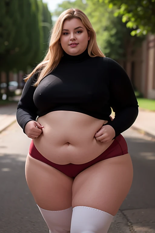 image of a beautiful blonde woman, natural look, gorgeous model, long hair, portrait 1:4, bokeh, beautiful, wearing tight black leggings, a crew-neck sweater, sexy, starting to transform into an anthro pig, pig features, small pig nose, curly pig tail, small spiral tail, pinkish skin, pig ears, pig nose, chubby, overweight, clothes beginning to stretch and tear, fat butt, round belly