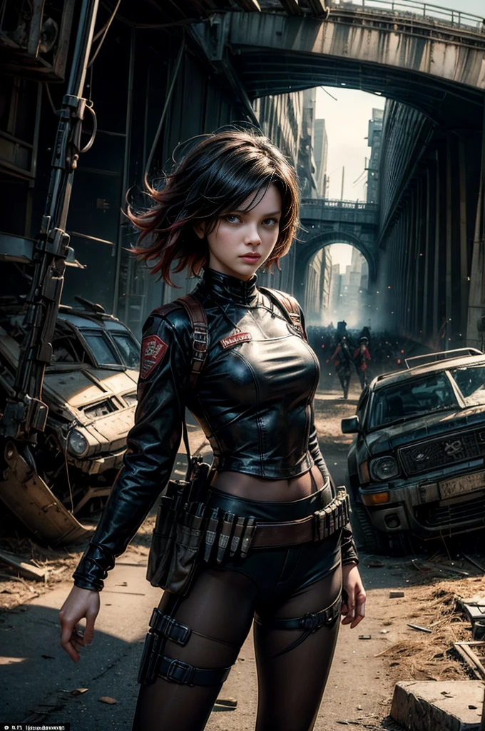 (masterpiece, best quality:1.2), cowboy shot, solo, dynamic pose, 1girl, ruby rose, looking at viewer, military uniform,  pantyhose, standing under a bridge, next to wrecked vehicles, bonfire, crowd searching with rifles, (crowd in military unifom) night, stars, closed mouth, serious look, serious expression, post-apocalypse, dystopian future 