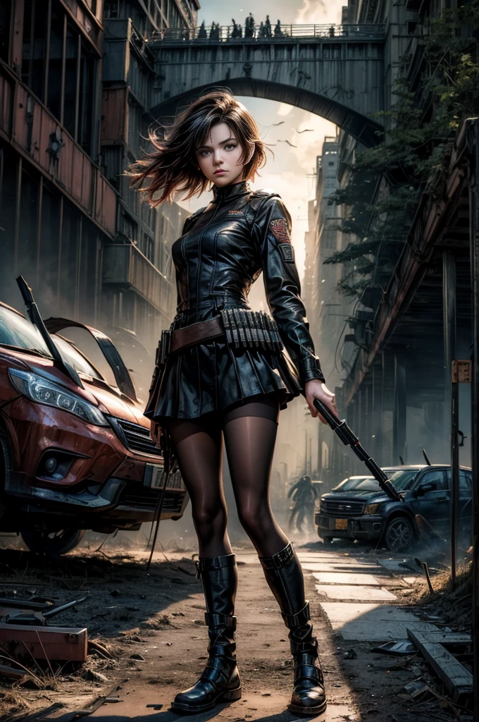 (masterpiece, best quality:1.2), cowboy shot, solo, dynamic pose, 1girl, ruby rose, looking at viewer, military uniform,  pantyhose, standing under a bridge, next to wrecked vehicles, bonfire, crowd searching with rifles, (crowd in military unifom) night, stars, closed mouth, serious look, serious expression, post-apocalypse, dystopian future 