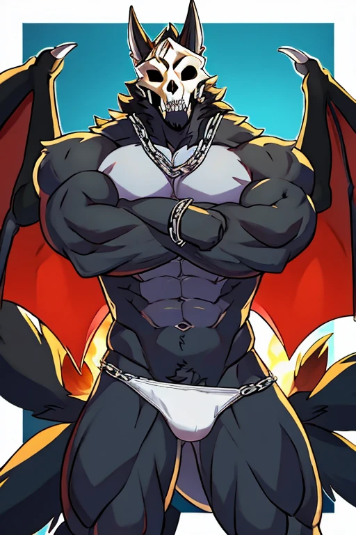 lobo, black fur, muscular, skull mask, with bones in the torso, dragon wings, white panties, with nine tails, with a chain 