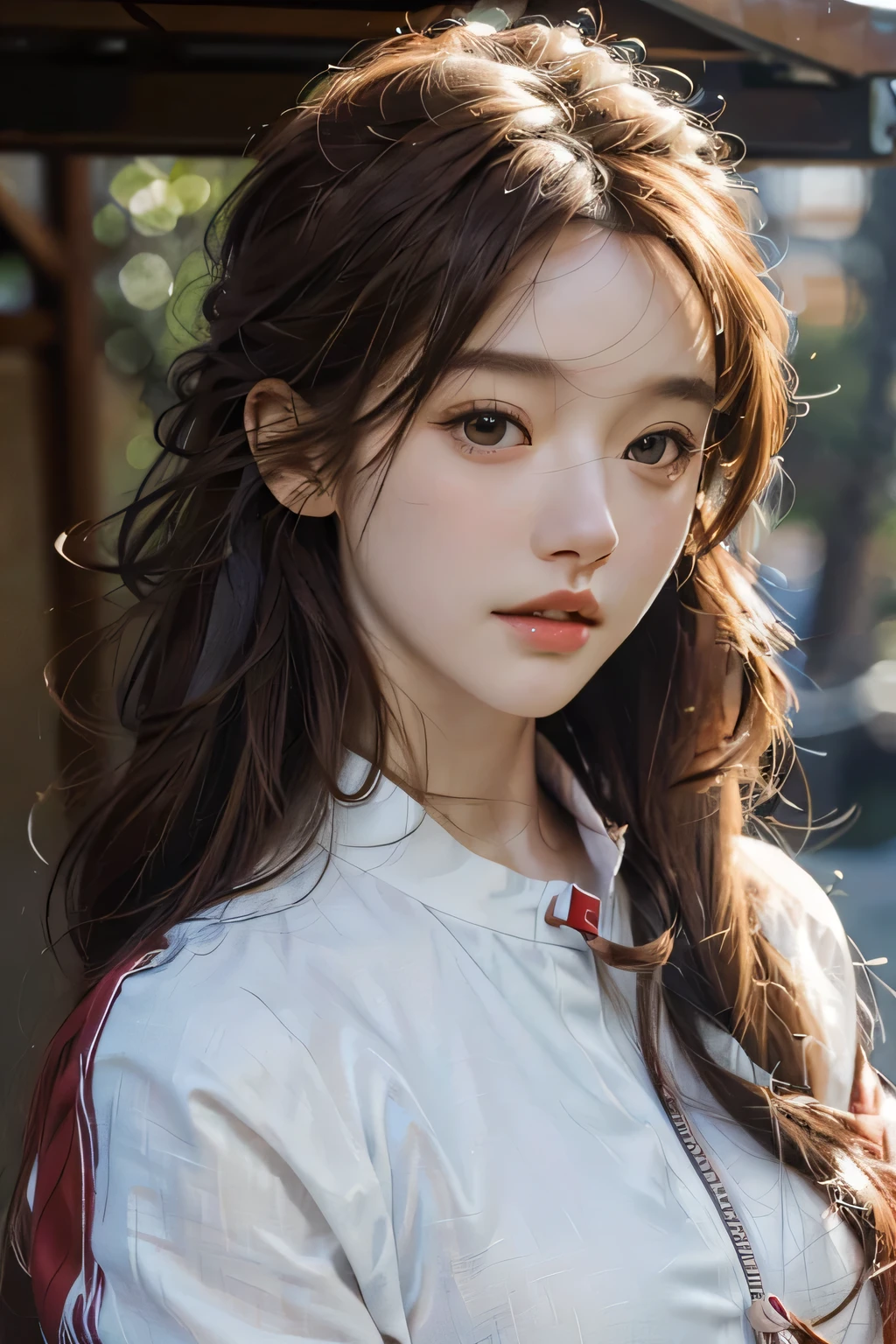 (((HD photo))), ultra high res.photorealistic:. 1.4, UHD, masterpiece, trending on artstation, portrait, upper body shot, 1girl, pretty, cute face, detailed face, most beautiful in the world, soft, delicate, (long red hair), (wearing racing jacket), sunkissed, San Francisco bay,