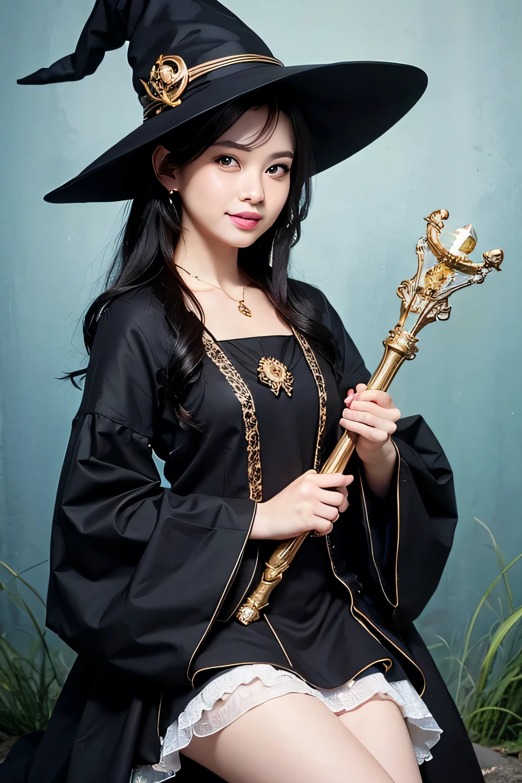 ((Highest quality, 8k, masterpiece: 1.3)),sharp: 1.2,Perfect Body Beauty: 1.4,Witch walking in mountainous areas:1.7、pretty girl,Highly detailed face and skin texture,Detailed eyes,double eyelid,((Black Hair:1.4)))、((Fantasy)),((witch)),((Circlet)),smile,Wide Shot,Blue Hour