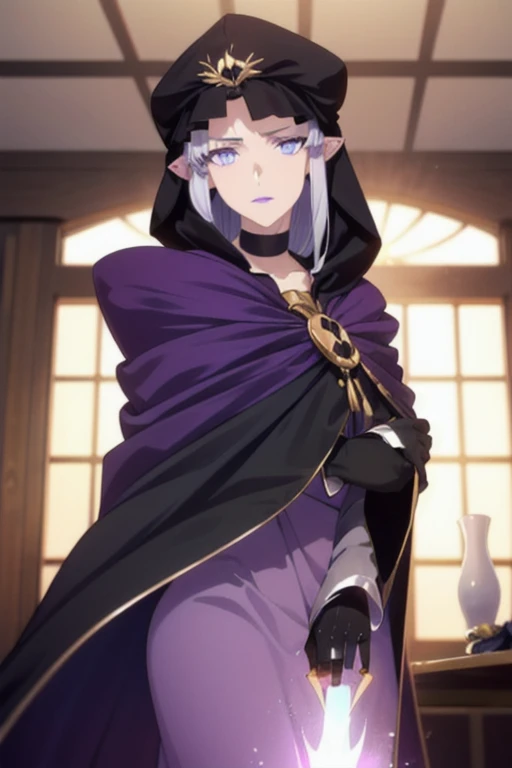 (masterpiece, sidelighting, finely detailed beautiful eyes: 1.2), glowing eyes, shiny hair, MedeaRobe, cloak, gloves, MedeaCas, blue eyes, purple lips, pointy ears, choker, hood, jewelry, magic, ring, robe, solo, room, 