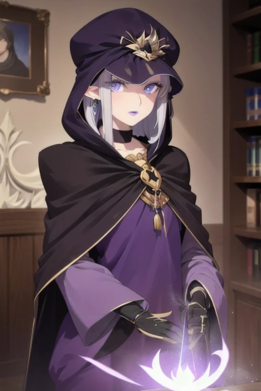 (masterpiece, sidelighting, finely detailed beautiful eyes: 1.2), glowing eyes, shiny hair, MedeaRobe, cloak, gloves, MedeaCas, blue eyes, purple lips, pointy ears, choker, hood, jewelry, magic, ring, robe, solo, room,