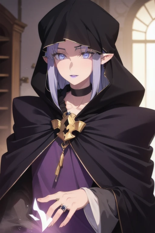 (masterpiece, sidelighting, finely detailed beautiful eyes: 1.2), glowing eyes, shiny hair, MedeaRobe, cloak, MedeaCas, blue eyes, purple lips, pointy ears, choker, hood, jewelry, magic, ring, robe, solo, room,