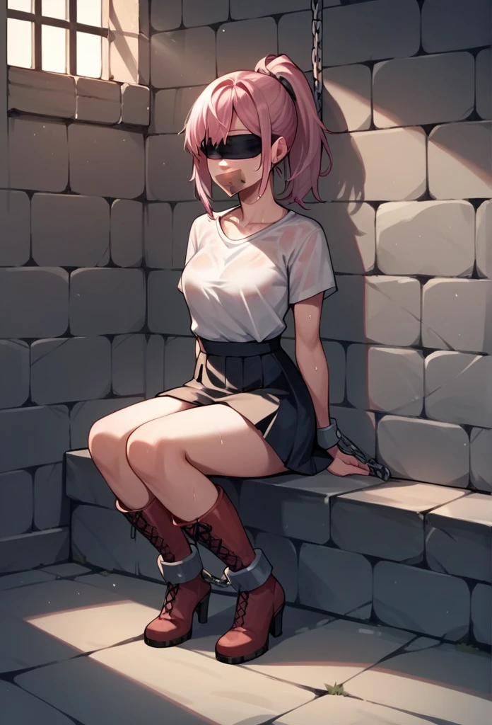 check_9, check_8_up, check_7_up, check_6_up, check_5_up, check_4_up, source_Anime, 1 woman, BDSM, value, pink hair, ponytail, blindfold,Put a chain around your neck, tape your mouth shut, WW chain, shackles, raise your hands, dirty hair, Sweaty Shirt, skirt, red thigh-high boots, night, answer, dungeon, Best quality, answer, 4k uhd,
 