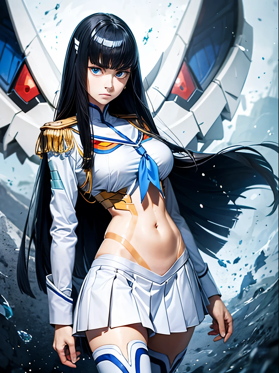 , (Shiny skin:1.5),beautiful, masterpiece, Highest quality, Highly detailed face, Perfect lighting, One Girl, alone,Big Breasts、Kiryuin Satsuki, blue eyes, Epaulettes, junketsu, school uniform, skirt, 白いThigh-high boots,Narrow waist、Firm stomach, , skirt, Thigh-high boots, Cowboy Shot, Expressionless,