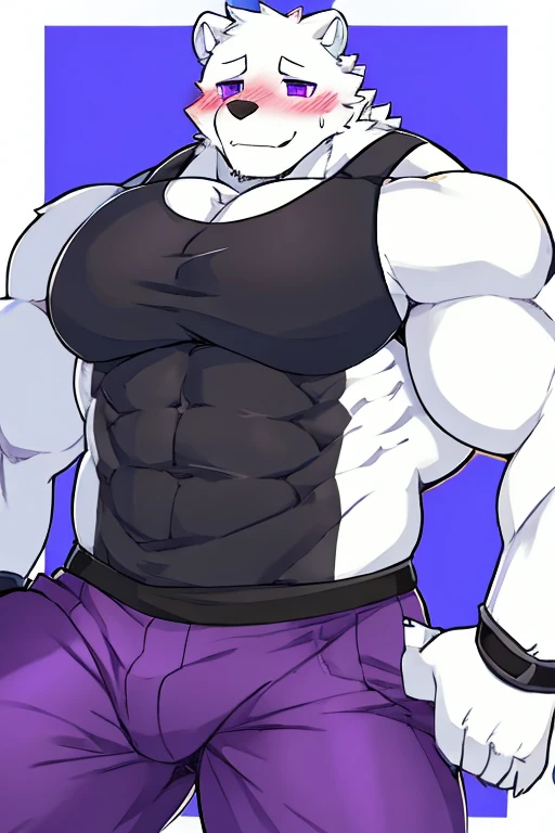 polar bone, muscular, purple eyes, with black sleeveless shirt, purple pants, blushing