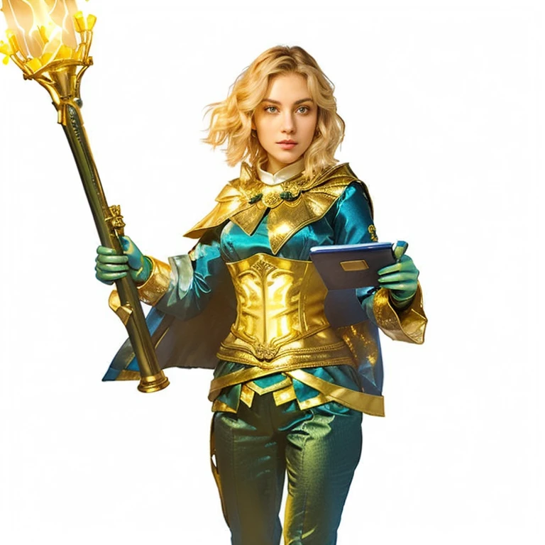 Arafed woman with light green eyes, dressed in a blue and gold outfit holding a torch and a blue tablet. hands with five fingers.