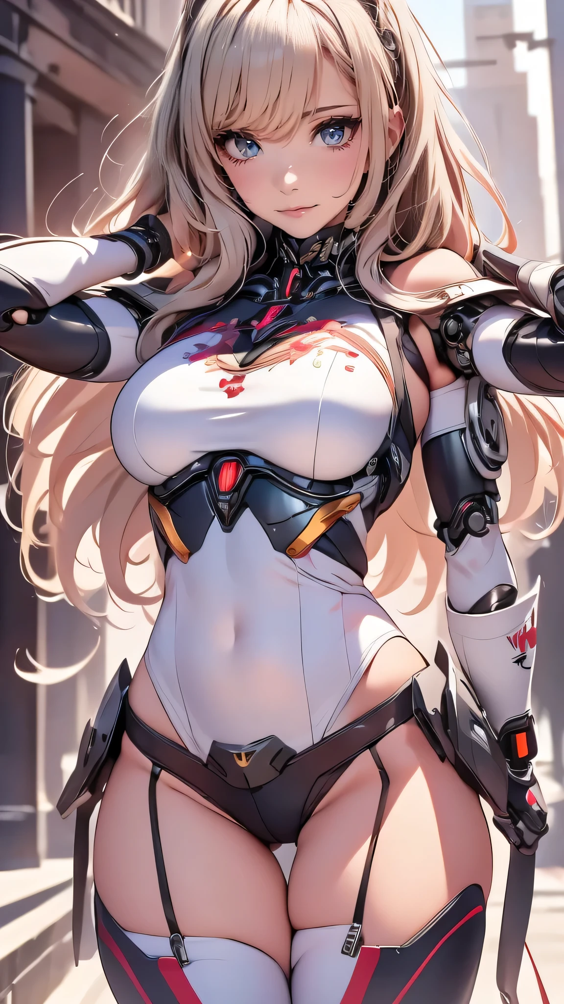 ((1girl:1.5),(embroidered cybernetic body:1.5),large breast,(mecha armor:1.5)),(Highest image quality, outstanding details, ultra-high resolution, (realism: 1.4), the best illustration, favor details, highly condensed 1girl,(Sense of presence:1.5),(Dynamic:1.5),(bold:1.5)),(thin hair:1.8),(straight hair:1.5),(Swept long bangs:1.5),(extra light coppery amber hair),((hair over one eye:1.2)),the background is a high-tech lighting scene of the future city