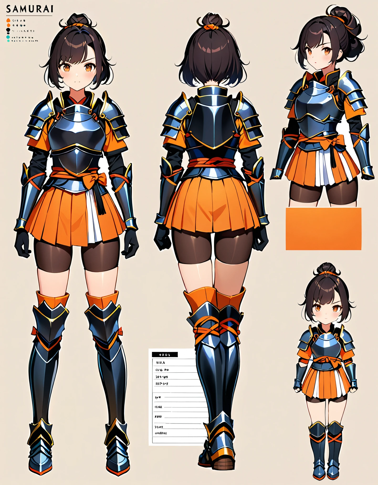 (masterpiece), (best quality), (hires), highly detailed, professional, 1girl, solo, solo focus, (dark black hair, tied up hairstyle), (wearing black gloves), (wearing samurai armor, armored gauntlets, armored boots, thighhigh boots), (wearing a skirt, orange skirt. pleaded skirt), (black biker shorts), hair covering eyes, (clenched hand, clenched hands), beautiful face, beautiful eyes, (brown eyes), vibrant colors, full body with costume. Simple background, Multiple Views, Character Sheet Full-Length.