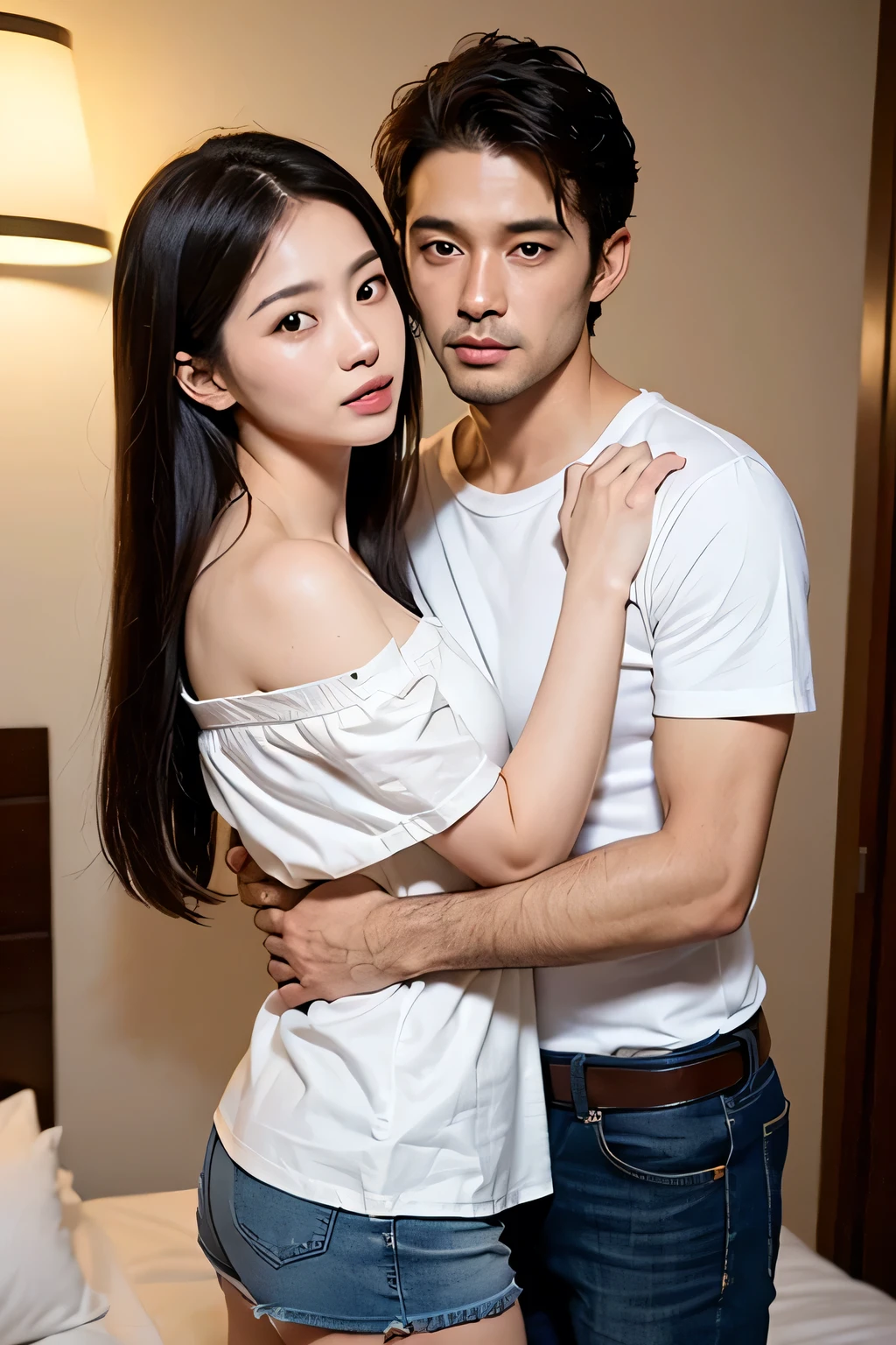 masterpiece，Highest quality，Advanced Details，1 male，1 female，((Hotel Bedroom:1.4))、((Japanese woman with straight medium-long hair:1.4))，((A woman wearing a white short-sleeved off-the-shoulder cotton shirt and a denim miniskirt:1.4))，Japanese middle-aged 1 male，((short black hair man:1.5))，A man in a white dress shirt is very handsome，((Man hugging woman&#39;head:1.4))，The Woman is short，The man is tall，Reflects the height difference between men and women，The Woman&#39;height: 160cm.，The man&#39;s height is 175cm....，Man touching woman&#39;s head:1.7、((They are standing in an empty room:1.5))、Women play a leading role、Women are skinny，Small breasted women、