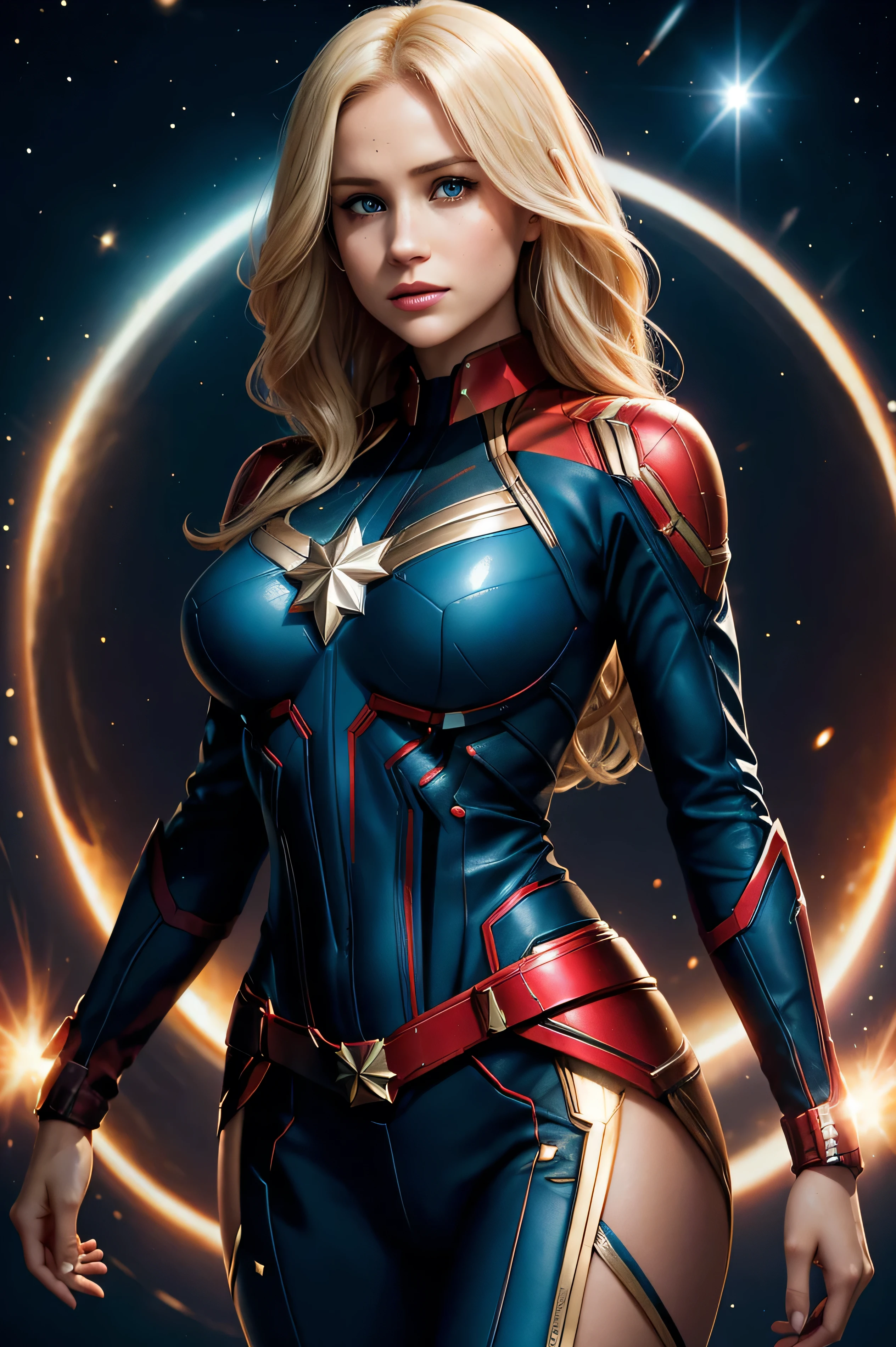 Meghan Markle, wearing Captain Marvel costume sexy clothes, her costume is transparent, (revealing her skin), professionally retouched, soft lighting, realistic, smooth face, perfect eyes, sharp focus on eyes, 8 k, high definition, insanely detailed, intricate, elegant. in a cosmic background, (((visible breasts))), she is removing her. Costume, visible nipples, visible vagina, blonde hair, blue eyes