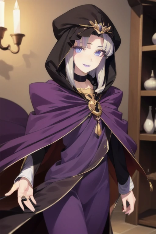 (masterpiece, sidelighting, finely detailed beautiful eyes: 1.2), shiny hair, MedeaRobe, cloak, cape, MedeaCas, eyes coverd , purple lips, smile, choker, hood, jewelry, magic, ring, robe, solo, room, 