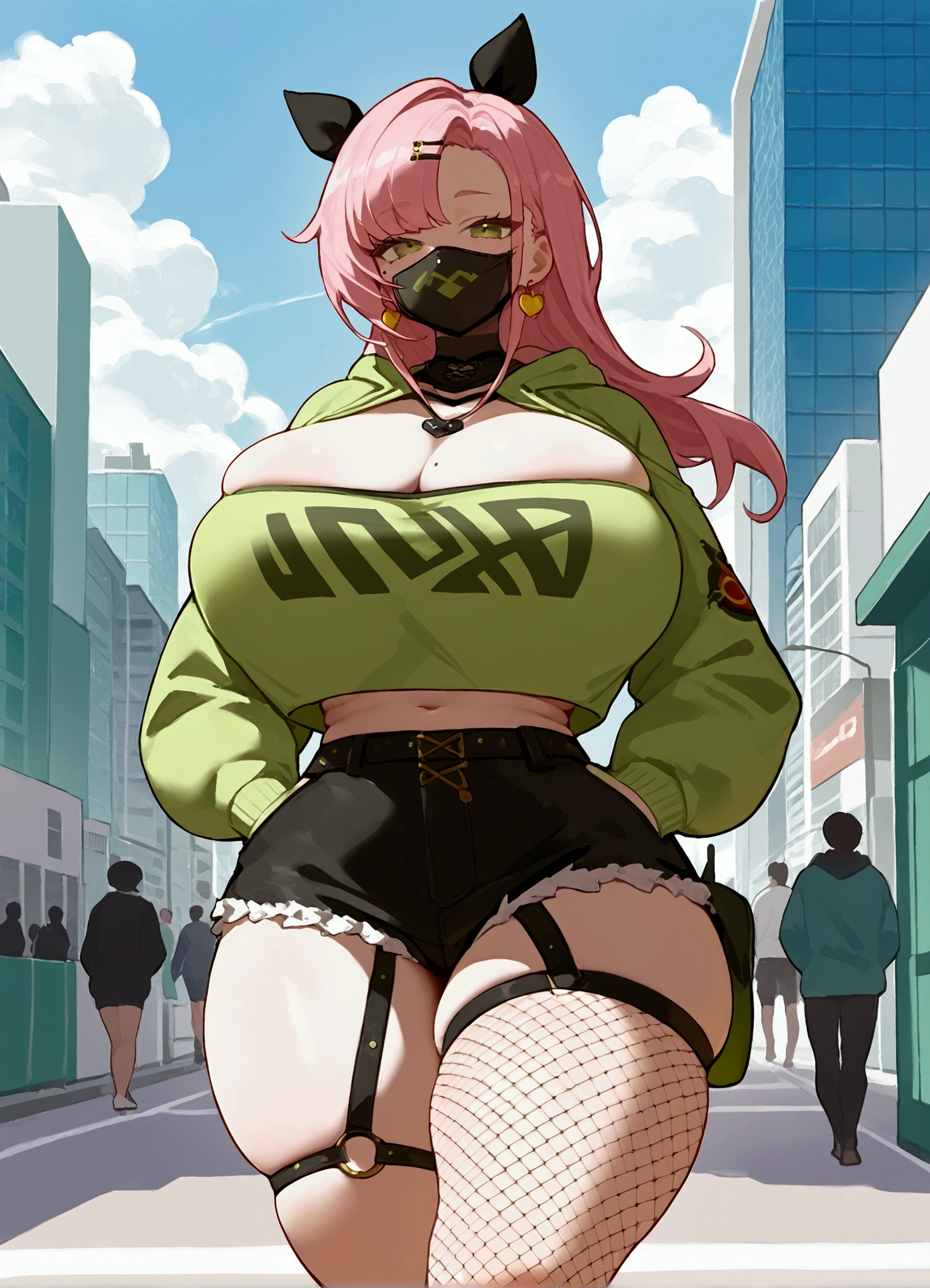 score_9, score_8_up, score_7_up, source_anime, looking at viewer, cowboy shot, Ncle, green eyes, mole under eye, earrings, jewelry, green hoodie, hood up, hands in pockets, black skirt, sunglasses, mouth mask, hoodie, pullover, fishnet pantyhose, large breasts, thick thighs, skindentation, smile, walking, city, japan, buildings, cloudy sky, day, Big breasts