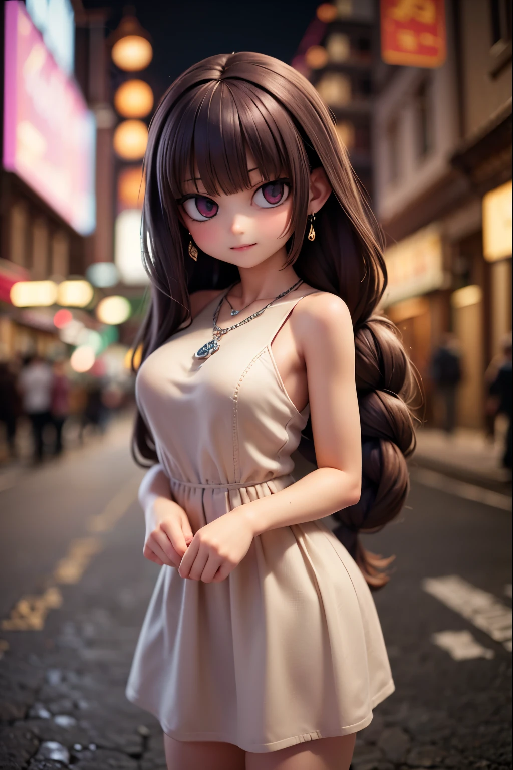 masterpiece, best quality, ultra high res,photon mapping,best shadow,portrait,beauty detail,ultra high detail,long purple hair,single braid,blunt bangs,medium breasts,city,chinatown,downtown,see through, short dress, low cut:2, hair ornament, earrings, necklace, portrait, silver dress:2, looking at viewer,solo,professional light, detailed skin,