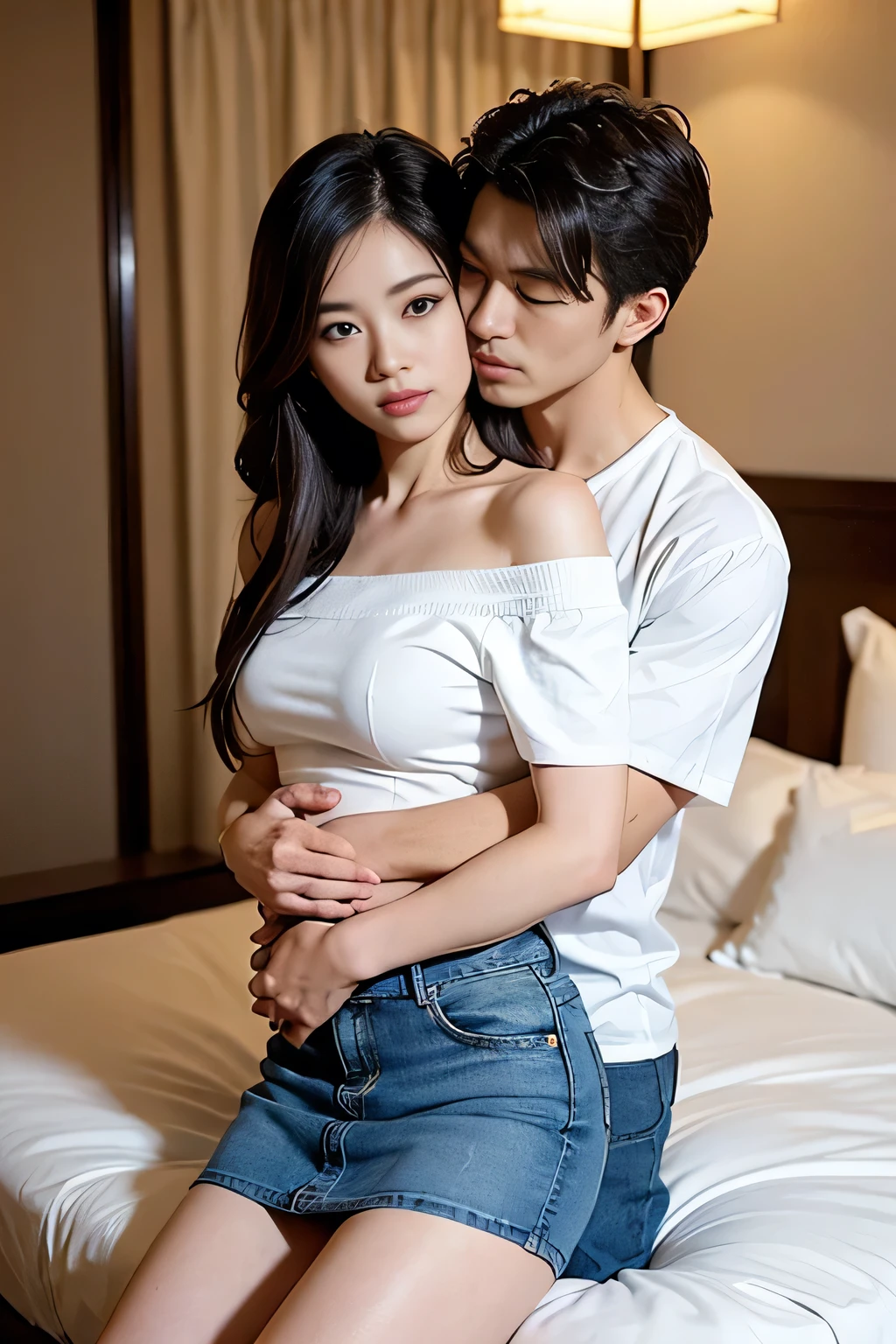 masterpiece，highest quality，Advanced Details，1 male，1 female，((Hotel Bedroom:1.4))、((Japanese woman with layered hair:1.4))，((A woman wearing a white short-sleeved off-the-shoulder cotton shirt and a denim miniskirt:1.4))，Japanese middle-aged 1 male，Black Haired Man，That man is very handsome，((A man hugs a woman and touches her breasts:1.4))，That woman is short，the man is tall，Reflects the height difference between men and women，The woman is 160cm tall.，the man&is 175cm tall，Man hugging woman from behind，((They&#39;re both standing in an empty room.:1.5))、Women play a leading role、Women are skinny，Small breasted women、