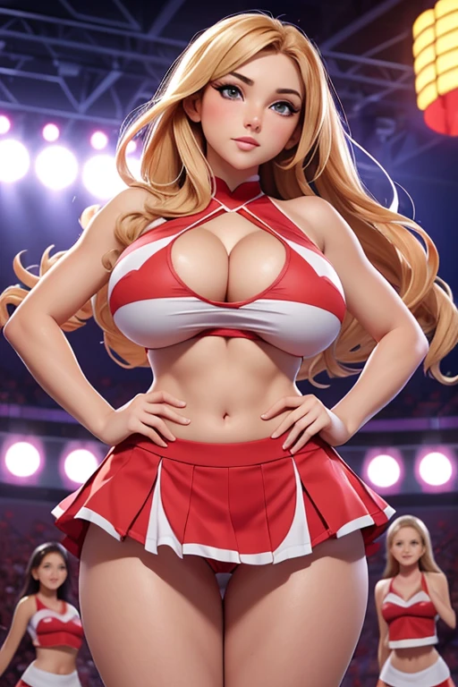 Masterpiece, huge breasts, perfect body, perfect breasts, perfect face, perfect fingers, gorgeous face, slutty, very huge breasts, erect nipples, 2girls, cheerleaders, very short skirt, bare midriff, bare shoulders, cleavage, blushing, cameltoe
