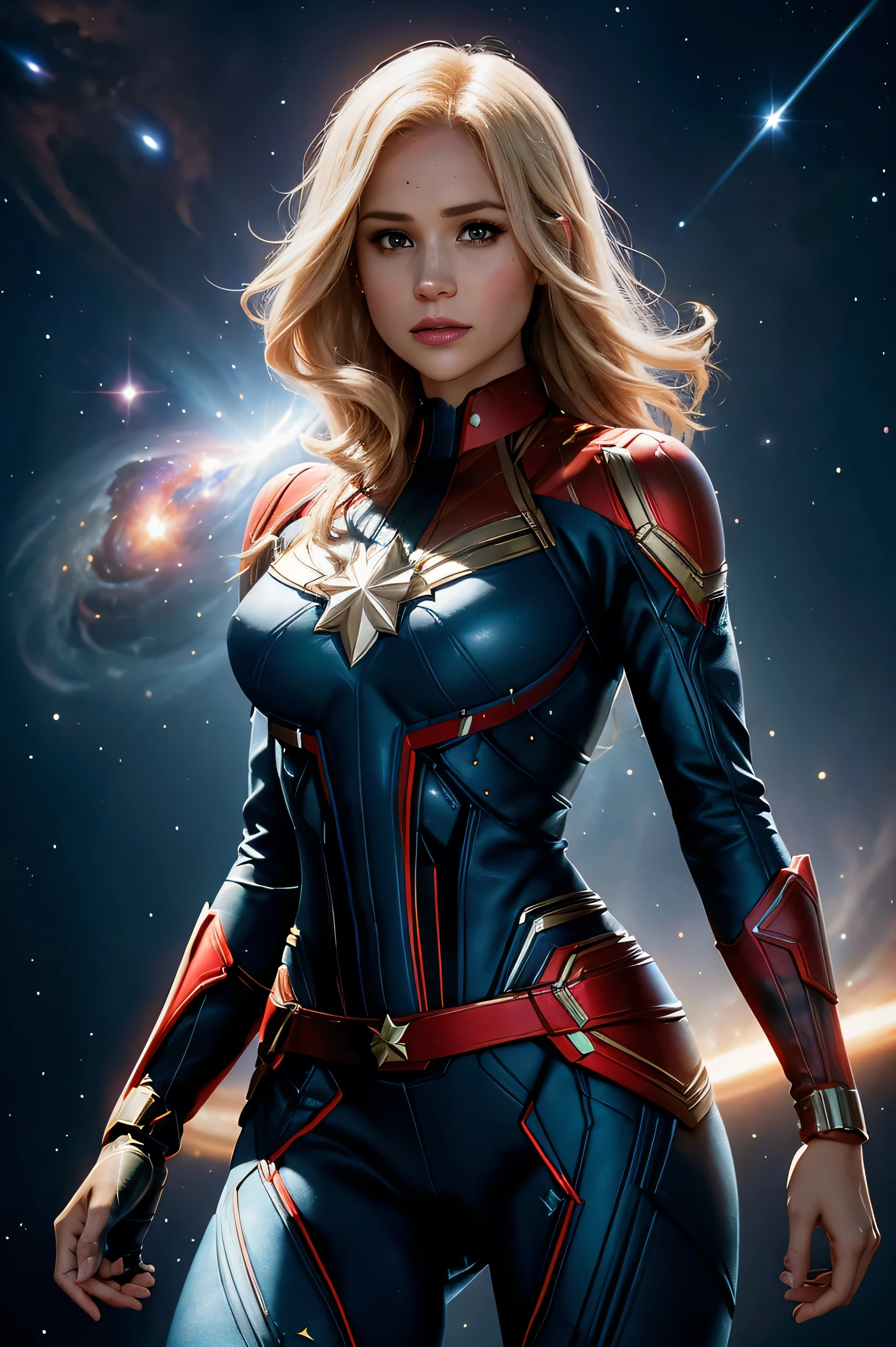 Meghan Markle, wearing Captain Marvel costume sexy clothes transparent. Visible nipples, professionally retouched, soft lighting, realistic, smooth face, perfect eyes, sharp focus on eyes, 8 k, high definition, insanely detailed, intricate, elegant. in a cosmic setting, outer space, galaxies, nebula, 