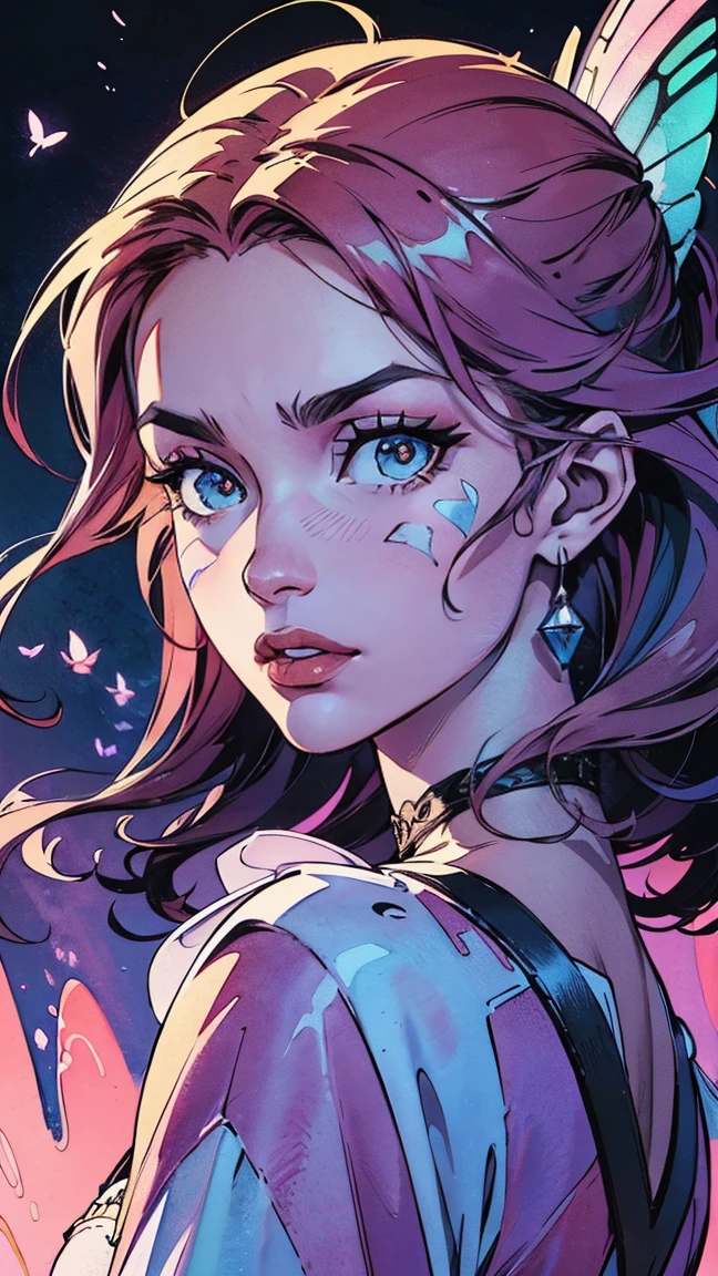 (((masterpiece))), (((best quality))), ((ultra-detailed)),(highly detailed CG illustration), ((an extremely delicate and beautiful)),cinematic light, Create a stunning fantasy artwork that mimics the style of currently trending masters of the genre. The art piece should contain elements of both mythic fantasy and fairytale fantasy with colorful accents. ((Utilize various shades of pink and watercolor pastels as the main color scheme.)) The character in the artwork is a delicate but strong figure with an aura of mystery and magic. ((((Pay close attention to intricate facial features, such as mesmerizing eyes with vibrant colors and bold shading.)))) The character's clothing should be designed with gossamer feathers, silk, stunning embroidery, and subtle iridescent details. Incorporate dreamy colors, dynamic lighting, and detailed background elements to create a sense of awe and immersion. Include colorful flying magical birds and jewel-toned butterflies radiating a magical aura. Consider the latest trends in fantasy art, such as incorporating unique lighting effects, exploring dynamic and compelling composition techniques, and experimenting with unique color palettes. Take inspiration from the top artists on ArtStation and Midjourney. Camera: Choose an angle that highlights the character's beauty and enhances the magical majesty of the artwork. Lighting: Utilize atmospheric lighting techniques to create depth and mood. Resolution: Aim for a high-resolution artwork to showcase intricate details and clarity. Art Inspirations: Seek inspiration from the trending artists on ArtStation, exploring different styles, genres, and themes.