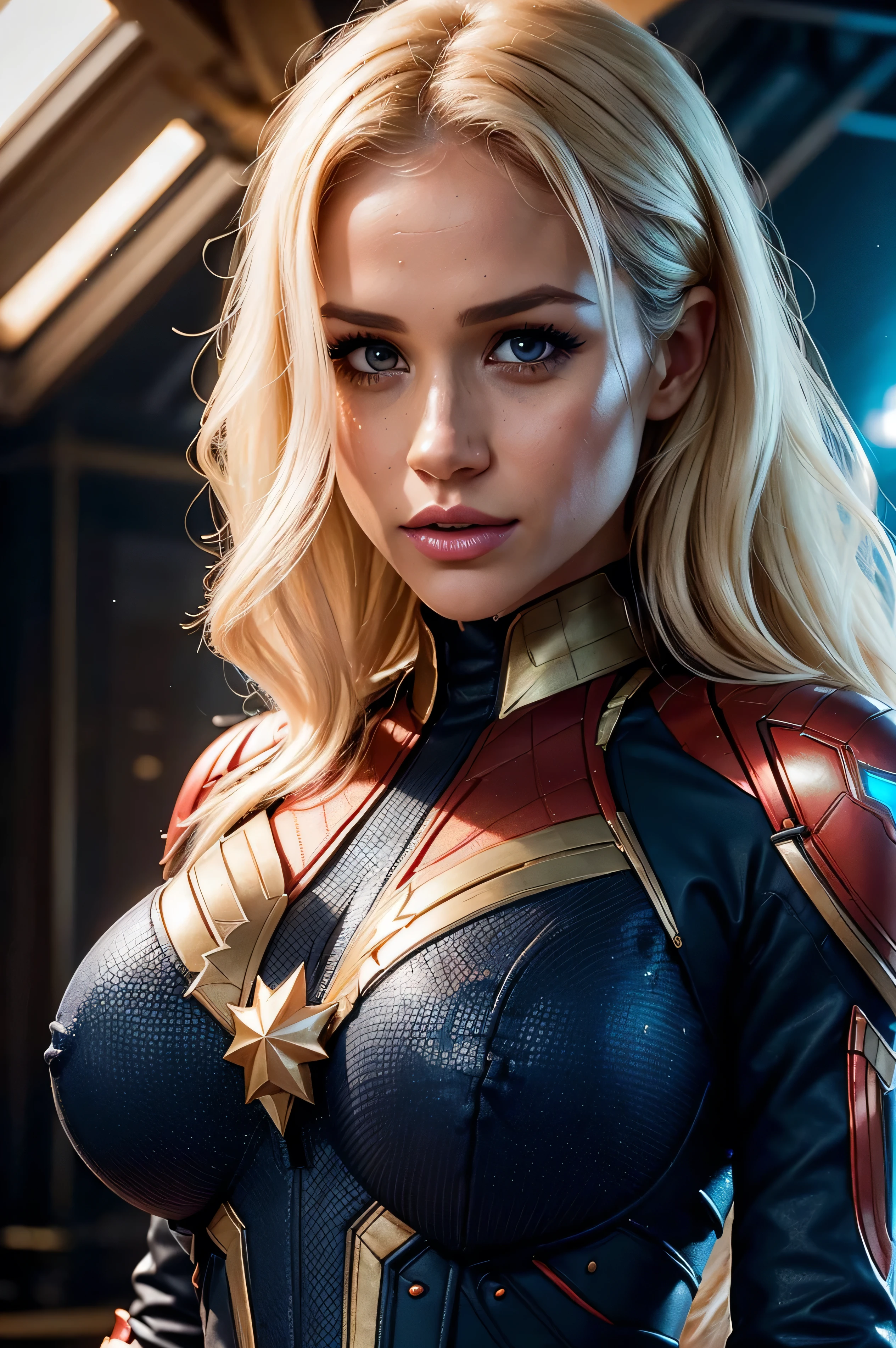 Meghan Markle, wearing Captain Marvel costume sexy clothes, her costume is transparent, (revealing her skin), professionally retouched, soft lighting, realistic, smooth face, perfect eyes, sharp focus on eyes, 8 k, high definition, insanely detailed, intricate, elegant. in a cosmic background, (((visible breasts))), she is removing her. Costume, visible nipples, visible vagina, blonde hair, blue eyes