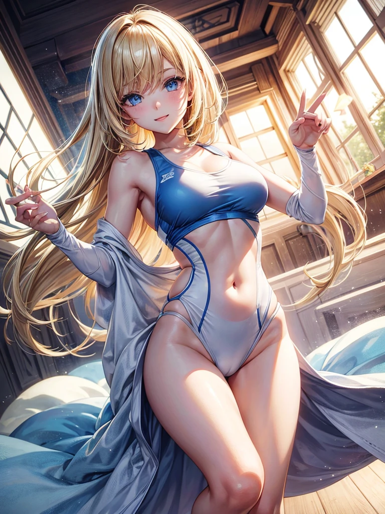 Anime style, super fine illustration, highly detailed, beautiful detailed, pale tone image, static representation, gentle expression, 8k, pretty 1girl with blonde straight short hair & blue eyes & a bright smile & full bust & soft fair skin is wearing the sportswear, in the morning, in the brilliant particles of lights, romantic stories, solo, perfect 5fingers, perfect arms, perfect legs, masterpiece.