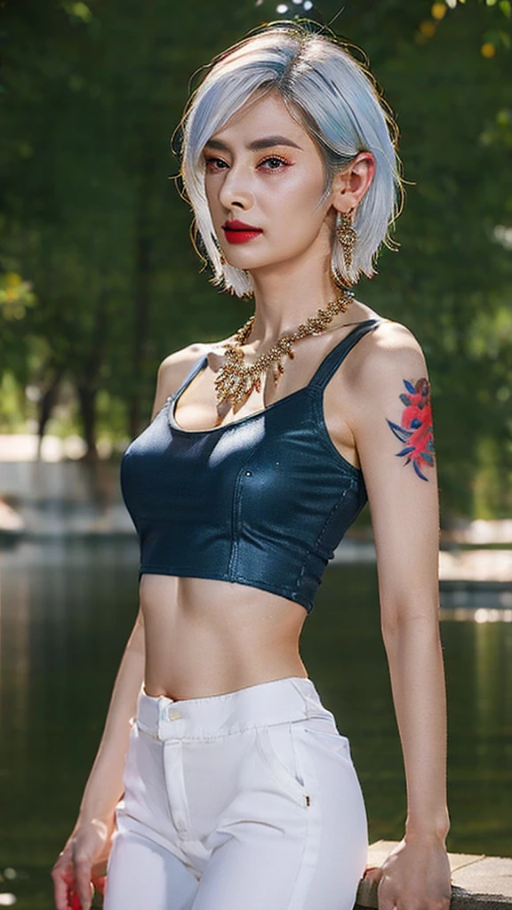 Zoya, perfect lighting, extremely detailed CG, 1girl, breasts, earrings, jewelry, makeup, medium breasts, necklace, shorthair, solo, Glowing red tattoo, arm tattoo, silver hair, wet, standing, pants, crop top, Zoya from path to nowhere, muscular female, sharp eye, Glowing red tattoo, perfect lighting, big breasts, bright white hair, black lips