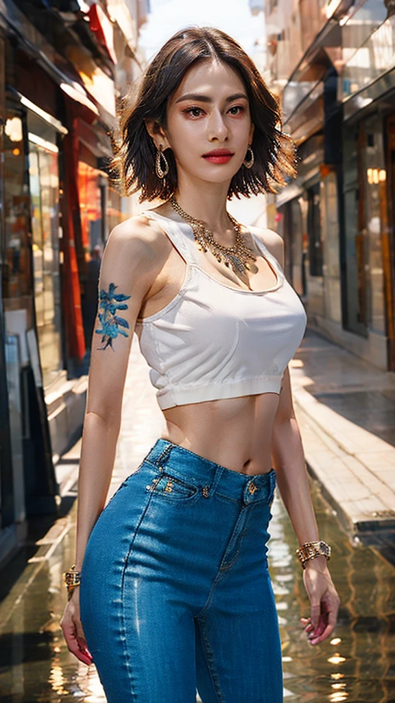 Zoya, perfect lighting, extremely detailed CG, 1girl, breasts, earrings, jewelry, makeup, medium breasts, necklace, shorthair, solo, Glowing red tattoo, arm tattoo, silver hair, wet, standing, pants, crop top, Zoya from path to nowhere, muscular female, sharp eye, Glowing red tattoo, perfect lighting, big breasts, bright white hair, black lips