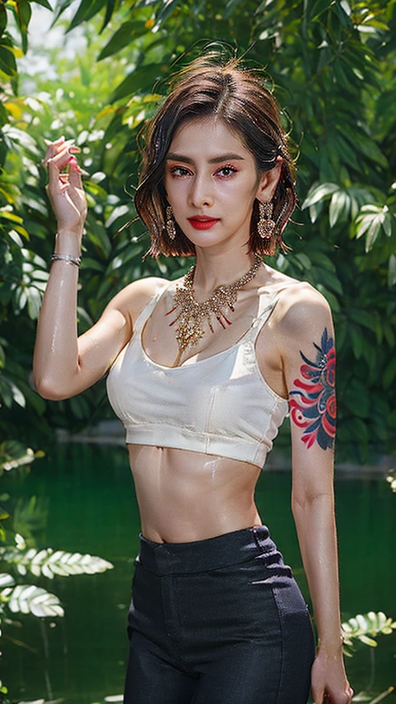 Zoya, perfect lighting, extremely detailed CG, 1girl, breasts, earrings, jewelry, makeup, medium breasts, necklace, shorthair, solo, Glowing red tattoo, arm tattoo, silver hair, wet, standing, pants, crop top, Zoya from path to nowhere, muscular female, sharp eye, Glowing red tattoo, perfect lighting, big breasts, bright white hair, black lips