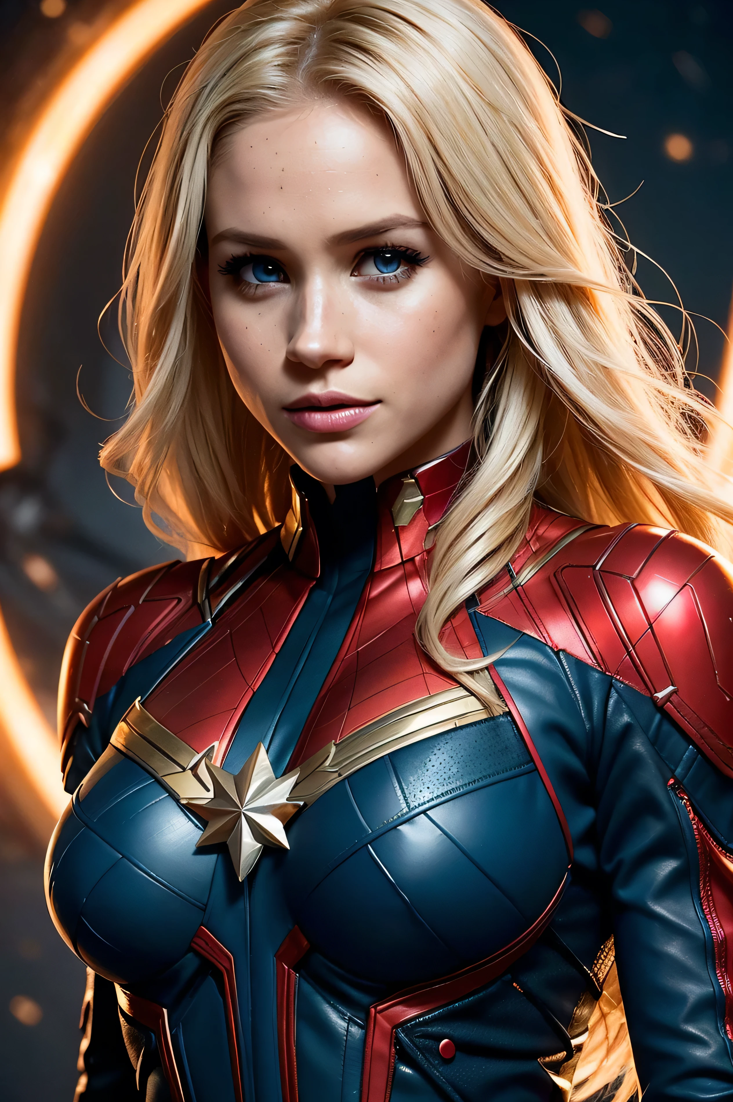Meghan Markle, wearing Captain Marvel costume sexy clothes, her costume is transparent, (revealing her skin), professionally retouched, soft lighting, realistic, smooth face, perfect eyes, sharp focus on eyes, 8 k, high definition, insanely detailed, intricate, elegant. in a cosmic background, (((visible breasts))), she is removing her. Costume, visible nipples, visible vagina, blonde hair, blue eyes