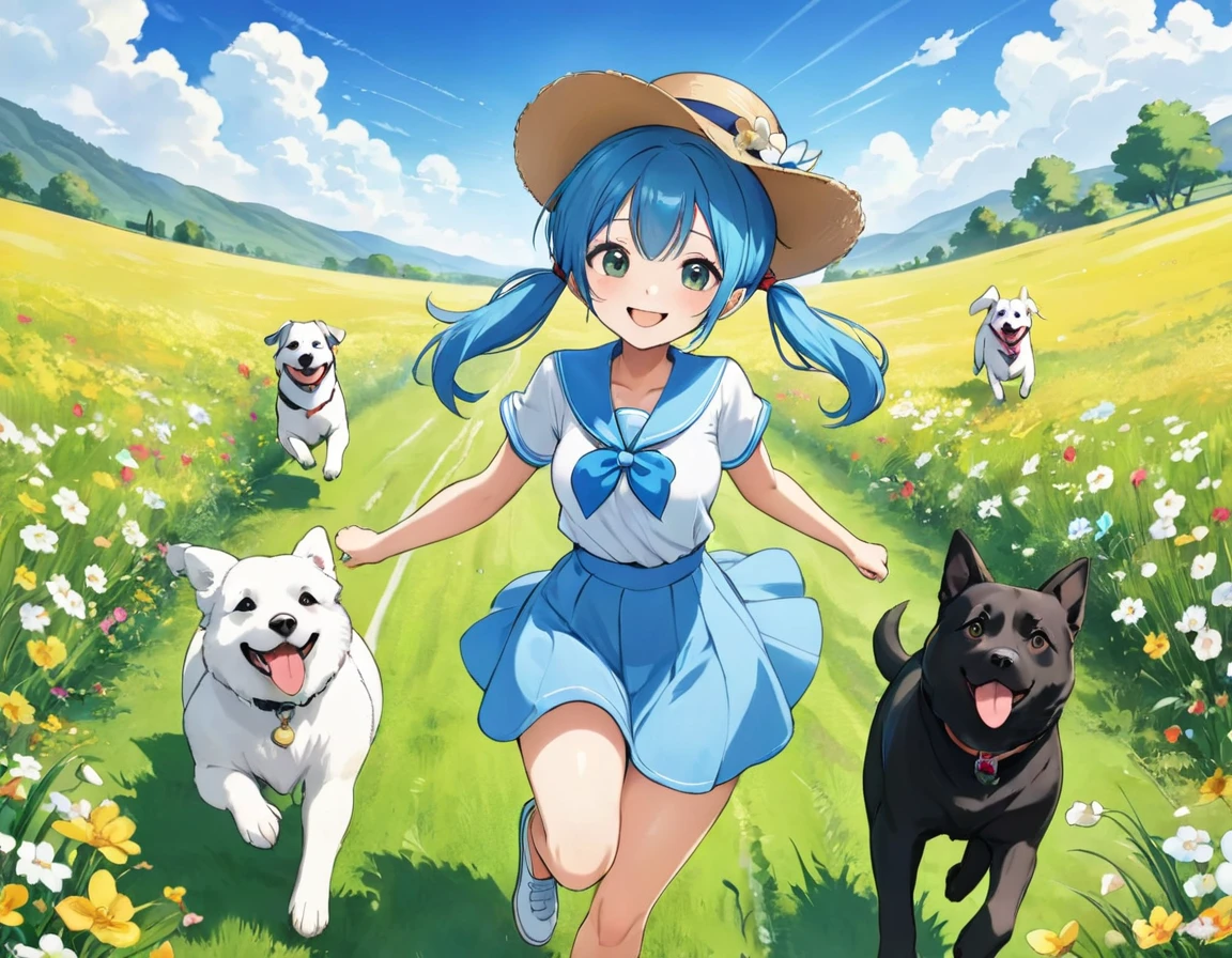 Light blue long hair、beautiful girl with twin tails、Bright smile、Wear a hat, A girl is running with her dog through a green field full of flowers。Many dogs are also running happily with me.。.、Large in the center、Looking into the camera、