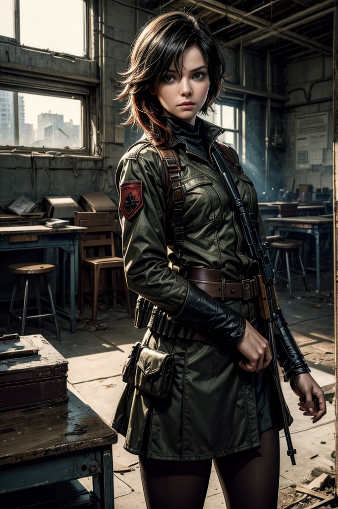 (masterpiece, best quality:1.2), cowboy shot, solo, dynamic pose, 1girl, ruby rose, looking at viewer, military uniform, pantyhose, standing inside wrecked classroom, ruble on old desks, collapsed ceiling, , bonfire, crowd outside searching with rifles, (crowd in military uniforms) night, stars, closed mouth, serious look, serious expression, post-apocalypse, dystopian future