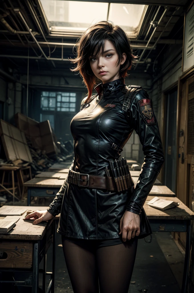 (masterpiece, best quality:1.2), cowboy shot, solo, dynamic pose, 1girl, ruby rose, looking at viewer, military uniform,  pantyhose, standing inside wrecked classroom, ruble on old desks, collapsed ceiling, , bonfire, crowd outside searching with rifles, (crowd in military uniforms) night, stars, closed mouth, serious look, serious expression, post-apocalypse, dystopian future 