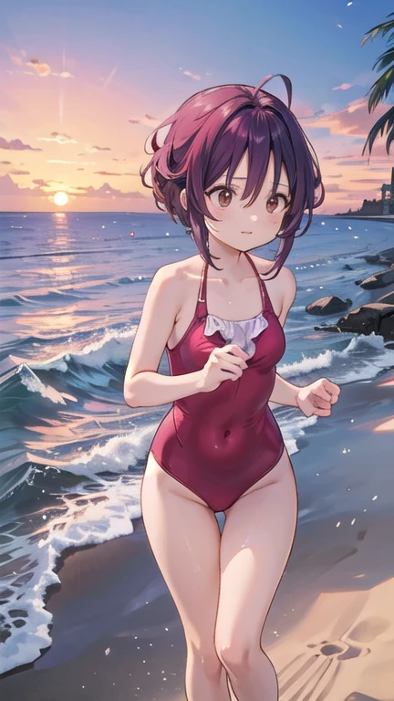 Running away, Chainsaw Man character, on the beach during a sunset. She wears an elegant red swimsuit, with a design that highlights your figure. He is standing near the shore, with the water caressing your feet, and a serene but authoritative expression on his face. Her long red hair waves lightly in the sea breeze.. The background shows an ocean reflecting the gold and pink tones of the sky at sunset, with some palm trees and an island in the distance