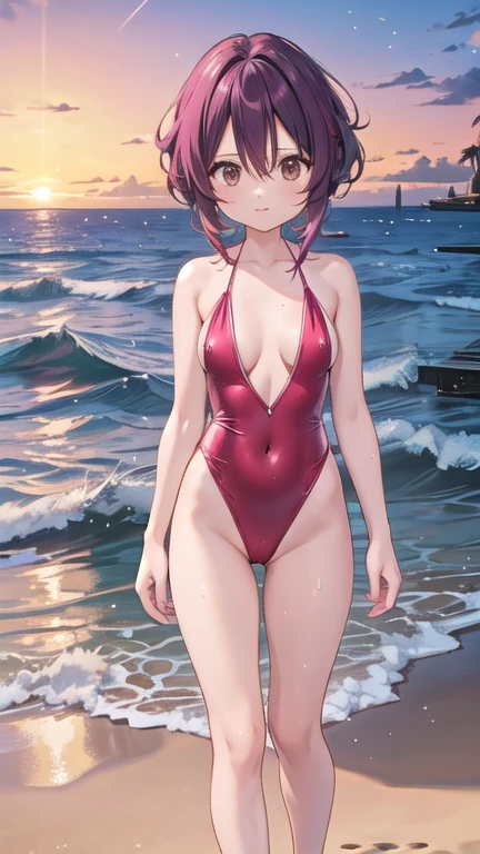 Running away, Chainsaw Man character, on the beach during a sunset. She wears an elegant red swimsuit, with a design that highlights your figure. He is standing near the shore, with the water caressing your feet, and a serene but authoritative expression on his face. Her long red hair waves lightly in the sea breeze.. The background shows an ocean reflecting the gold and pink tones of the sky at sunset, with some palm trees and an island in the distance