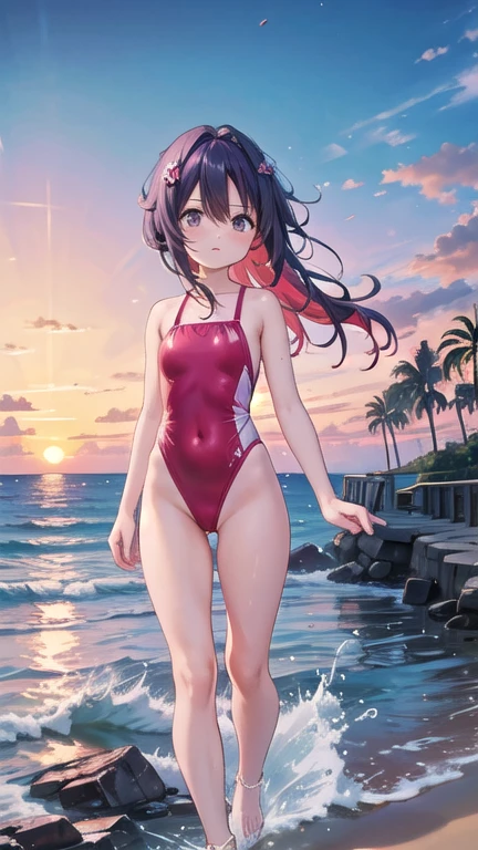 Running away, Chainsaw Man character, on the beach during a sunset. She wears an elegant red swimsuit, with a design that highlights your figure. He is standing near the shore, with the water caressing your feet, and a serene but authoritative expression on his face. Her long red hair waves lightly in the sea breeze.. The background shows an ocean reflecting the gold and pink tones of the sky at sunset, with some palm trees and an island in the distance