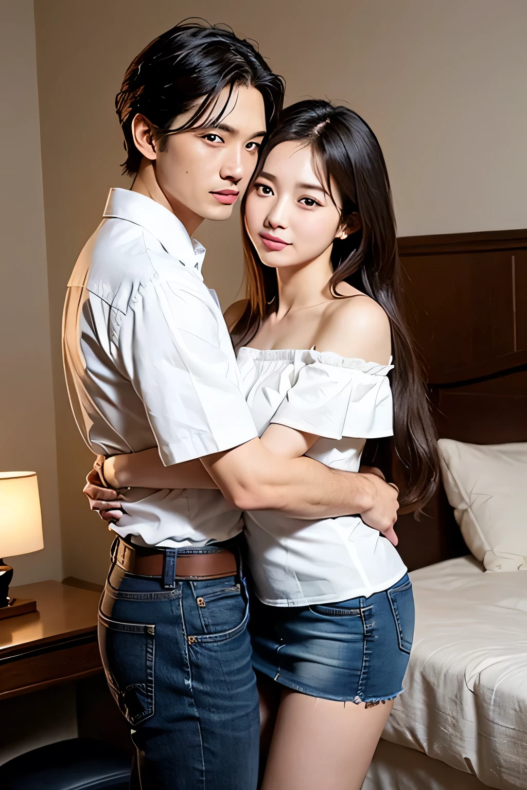 masterpiece,Highest quality,Advanced Details,1 male,1 female,((Hotel Bedroom:1.4))、((Japanese woman with straight medium-long hair:1.4)),((A woman wearing a white short-sleeved off-the-shoulder cotton shirt and a denim miniskirt:1.4)),Japanese middle-aged 1 male,Black Haired Man,A man in a white dress shirt is very handsome,((Man hugging woman'head:1.4)),The Woman is short,The man is tall,Reflects the height difference between men and women,The Woman'height: 160cm.,The man's height is 175cm....,Man touching woman's head:1.7、((They are standing in an empty room:1.5))、Women play a leading role、Women are skinny,Small breasted women、
