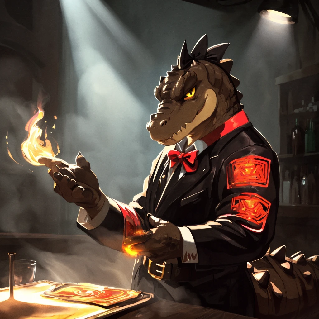 [:(by Bigdad, by Riendonut, by Nezumi \(artist\), by Mamimi \(artist\), by Wingedwilly, by Jimnsei):0.2],
([monochrome, black and white:traditional media \(artwork\):0.25]:1.2),
solo male (((dingodile \(crocodile keeper\)), yellow sclera, red body)), (black suit, red bow ribbon:1.15),
(standing, full portrait, looking at viewer:1.3),
BREAK,
(magic show, bar:1.25), (glowing, fire effect, energy effect, smoke, fog, mist, spot light),
(detailed background, depth of field, shadow, sunlight, ambient light on the body, backlighting),
masterpiece, best quality, 4k, 2k, (intricate:0.9), (high detail, shaded, unreal engine:1.25), absurd res