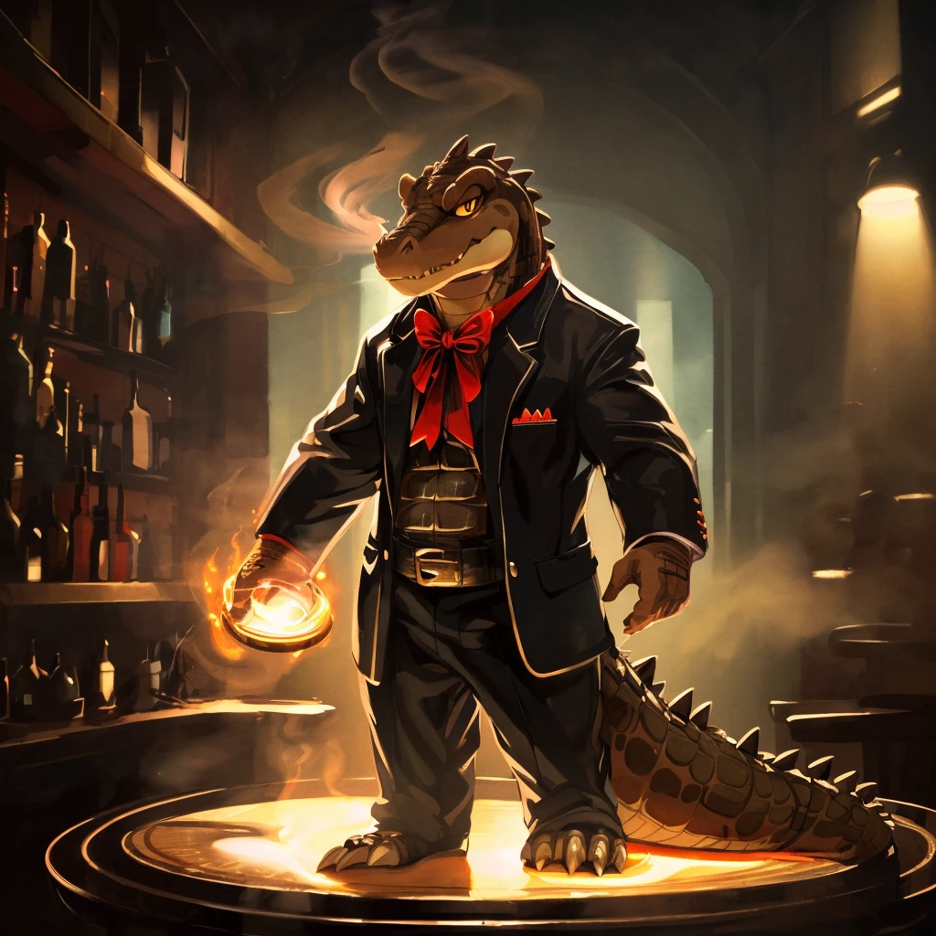 [:(by Bigdad, by Riendonut, by Nezumi \(artist\), by Mamimi \(artist\), by Wingedwilly, by Jimnsei):0.2],
([monochrome, black and white:traditional media \(artwork\):0.25]:1.2),
solo male (((dingodile \(crocodile keeper\)), yellow sclera, red body)), (black suit, red bow ribbon:1.15),
(standing, full portrait, looking at viewer:1.3),
BREAK,
(magic show, bar:1.25), (glowing, fire effect, energy effect, smoke, fog, mist, spot light),
(detailed background, depth of field, shadow, sunlight, ambient light on the body, backlighting),
masterpiece, best quality, 4k, 2k, (intricate:0.9), (high detail, shaded, unreal engine:1.25), absurd res