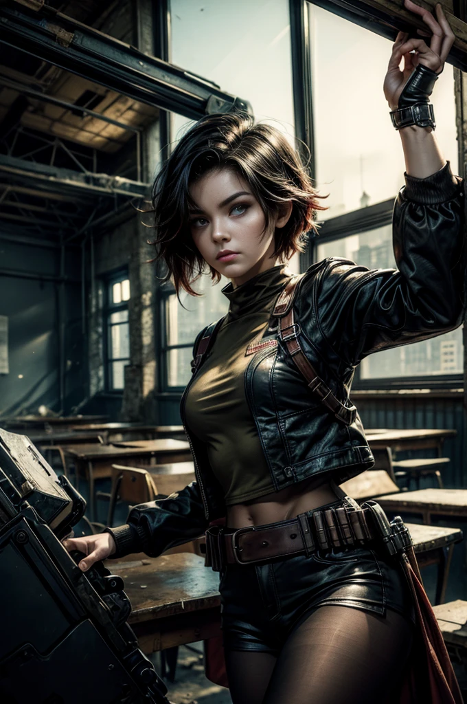 (masterpiece, best quality:1.2), cowboy shot, solo, dynamic pose, 1girl, ruby rose, looking at viewer, military uniform, pantyhose, standing inside wrecked classroom, ruble on old desks, collapsed ceiling, , bonfire, crowd outside searching with rifles, (crowd in military uniforms) night, stars, closed mouth, serious look, serious expression, post-apocalypse, dystopian future