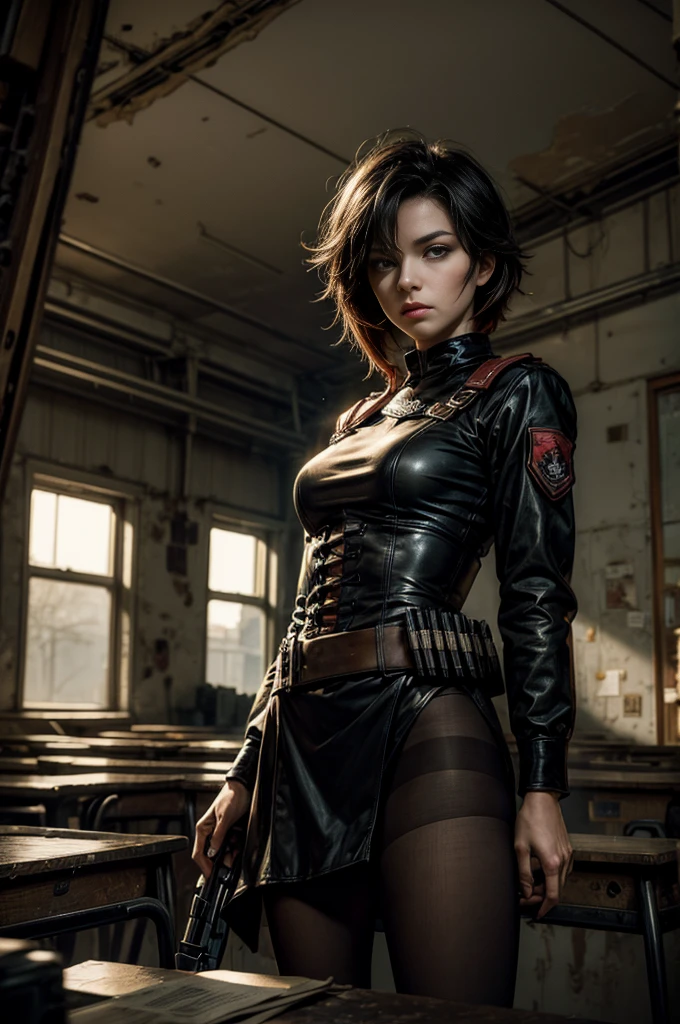 (masterpiece, best quality:1.2), cowboy shot, solo, dynamic pose, 1girl, ruby rose, looking at viewer, military uniform, pantyhose, standing inside wrecked classroom, ruble on old desks, collapsed ceiling, , bonfire, crowd outside searching with rifles, (crowd in military uniforms) night, stars, closed mouth, serious look, serious expression, post-apocalypse, dystopian future