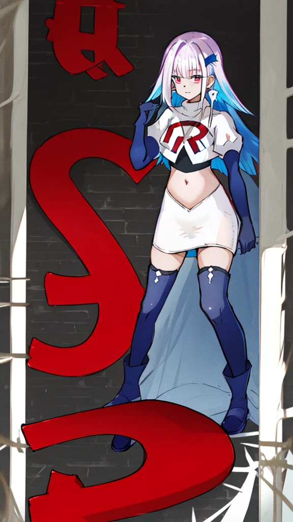 1 girl, alone ,hair covers one eye, hair ornaments ,earrings ,team rocket,team rocket uniform,white skirt,red letter R,crop top,black thigh-highs,black elbow gloves