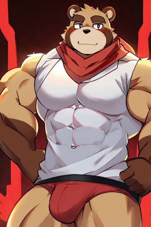 Tanuki, muscular, white sleeveless shirt, red scarf around the neck, red underwear