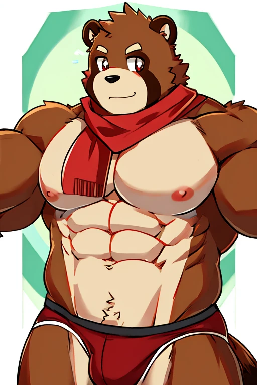 Tanuki, muscular, red scarf around the neck, red underwear