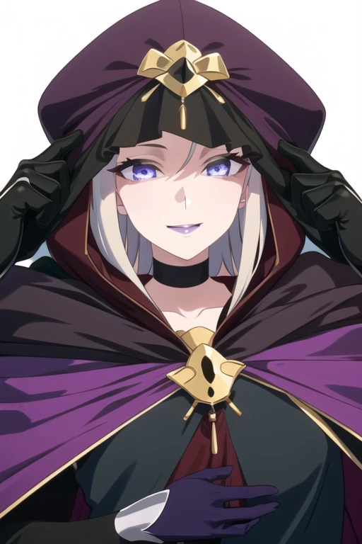 (masterpiece, sidelighting, finely detailed beautiful eyes: 1.2), shiny hair, MedeaRobe, cloak, cape, MedeaCas, eyes covered , purple lips, hood over eyes, smile, choker, hood, jewelry, hands over cape, gloves, 