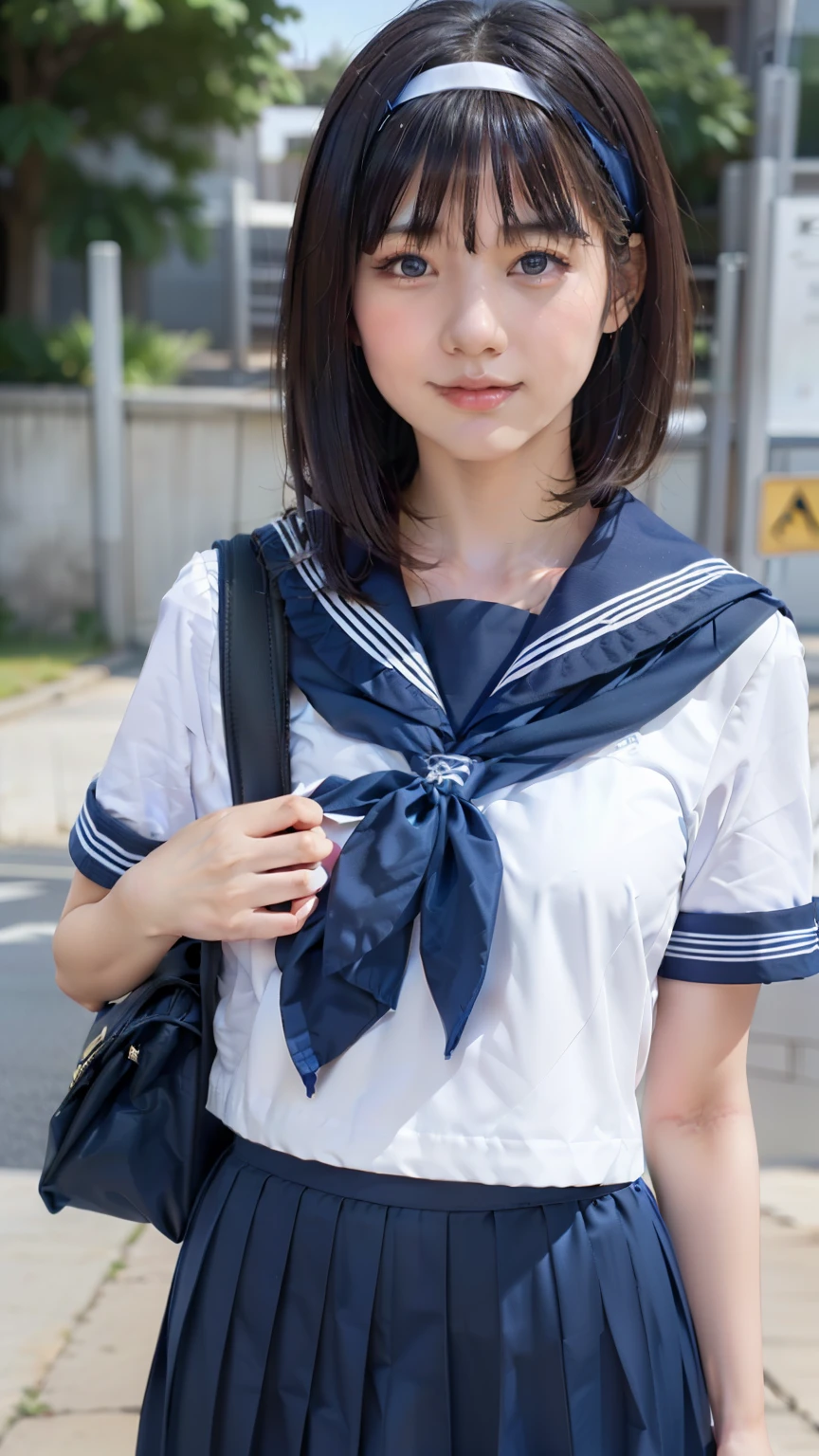 sailor uniform, One Woman, (Beautiful woman, delicate :1.3), Black Hair, bob cur hair, Patsun, 8k, Highest quality, masterpiece, Very detailed, Ultra-high resolution, Realistic, RAW Photos, Absolute Resolution, Black Hair, Navy blue sailor uniform, (Navy blue pleated skirt:1.4), Realistic high school girl, (White headband:1.4), Small breasts, expensive, Bright Blue Eyes, (In front of the school gate), smile, (standing pose:1.4), (one school bag on shoulder:1.4), (long skirt:1.4), slender female body, Blur the background, 