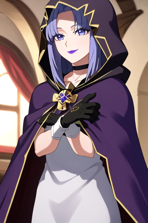 (masterpiece, sidelighting, finely detailed beautiful eyes: 1.2), shiny hair, MedeaRobe, cloak, cape, MedeaCas, eyes covered , purple lips, hood over eyes, smile, choker, hood, jewelry, hands over cape, gloves, 