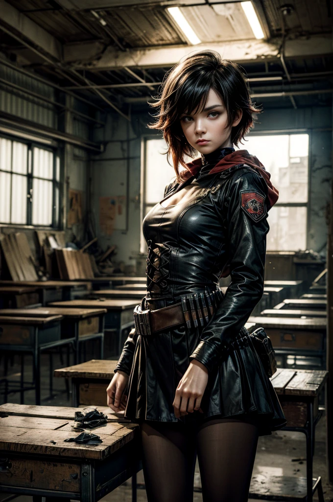 (masterpiece, best quality:1.2), cowboy shot, solo, dynamic pose, 1girl, ruby rose, looking at viewer, military uniform, pantyhose, standing inside wrecked classroom, ruble on old desks, collapsed ceiling, , bonfire, crowd outside searching with rifles, (crowd in military uniforms) night, stars, closed mouth, serious look, serious expression, post-apocalypse, dystopian future