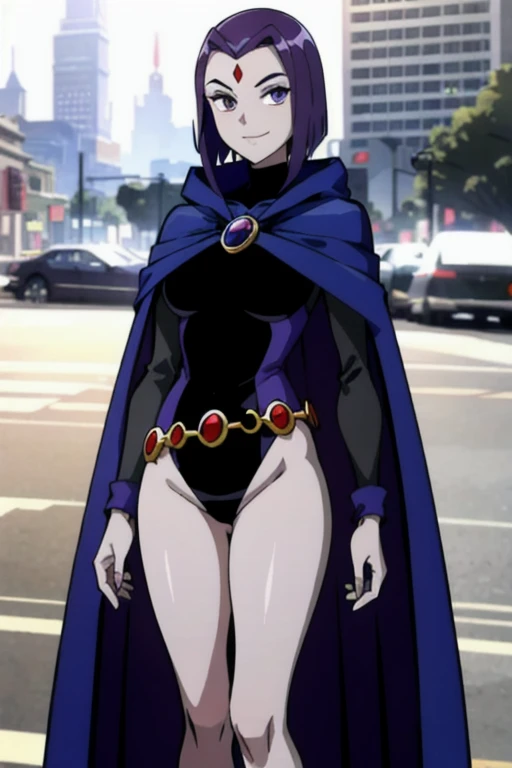 RavenTT,  purple eyes,purple hair,  red jewel in forehead, grey skin,blue cloak, blue cape, black leotard,brooch, looking at viewer, smile, quality, standing, city